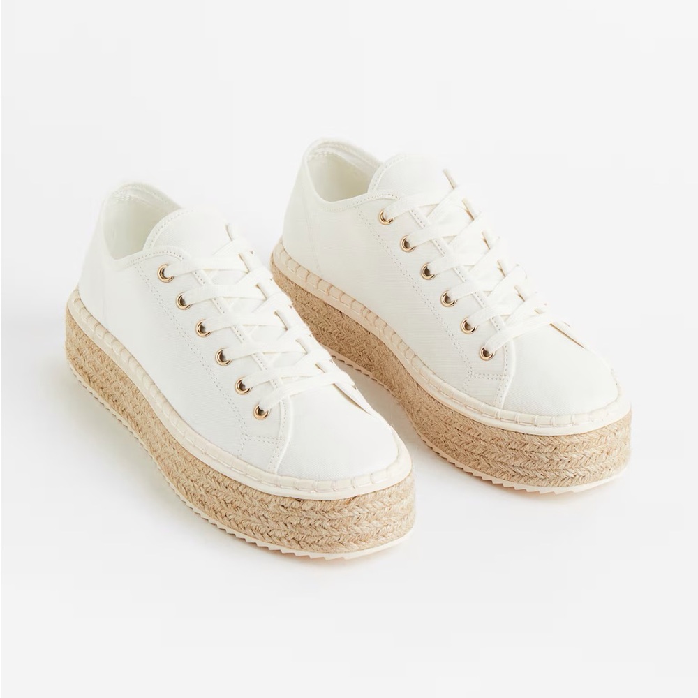 NWT, H&M White Espadrille Canvas Platform Sneakers, Jute Trim, Size 9